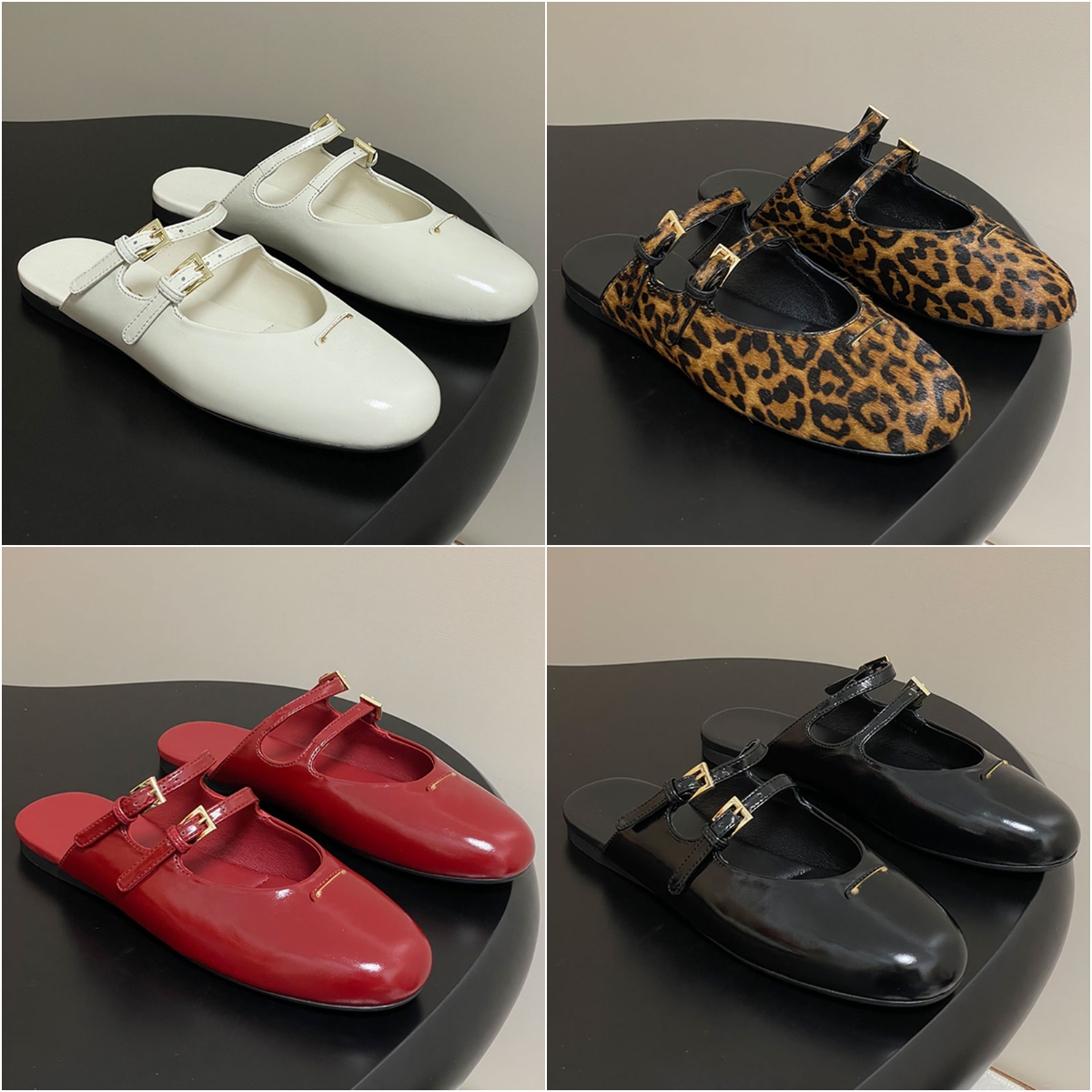 Women mary jane shoes designer ballet flats slippers slides leopard print designer mules women baotou half slipper leather 2 straps buckles casual s