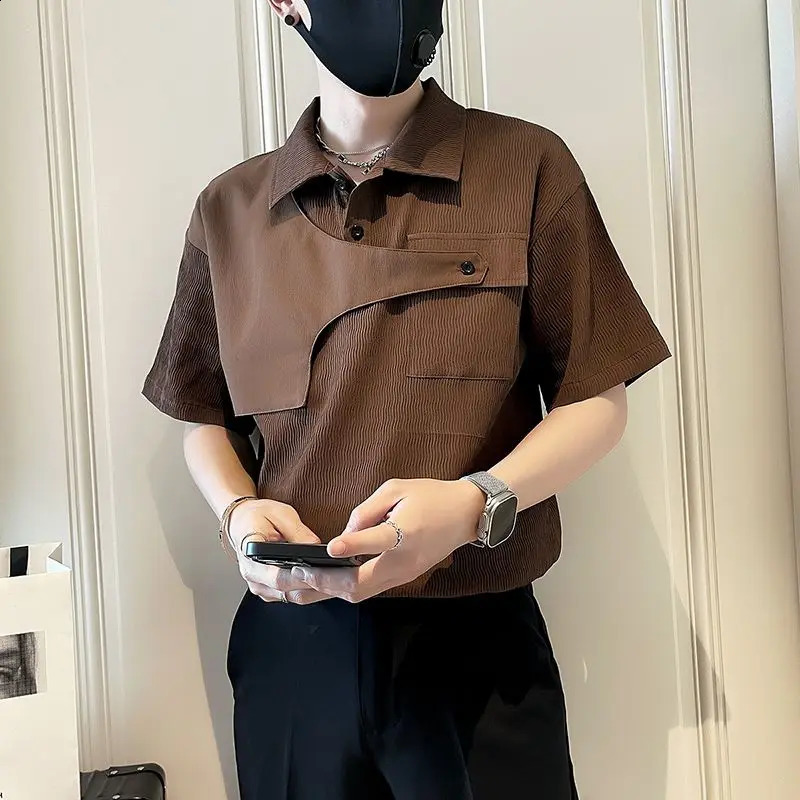 Ice Silk Short Sleeve Splicing Cargo Shirts for Men Button Up Man Shirt In Korean Style Summer Vintage Casual Clothes Sale 250828