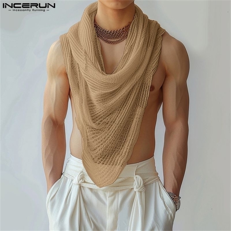 INCERUN Men Irregular Tank Tops Solid Color Turtleneck Sleeveless Transparent Vests Summer Streetwear 2024 Fashion Men Clothing250827ww