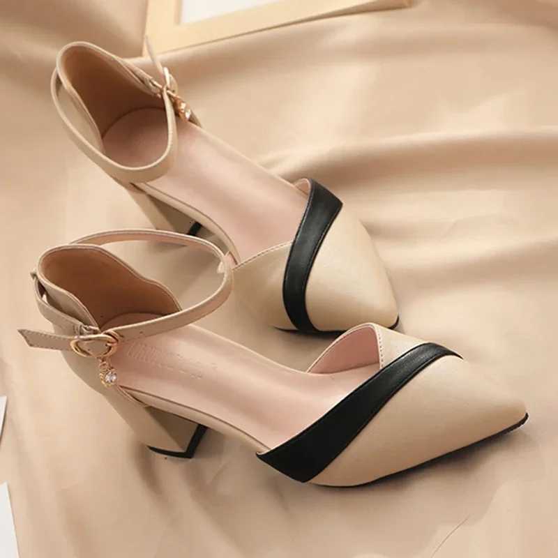 100 Cotton Blend Color Med Heels Pumps Women Pointed Toe Ankle Strap High Heels Shoes Woman Pu Leather Patchwork Office Shoes Female W250828