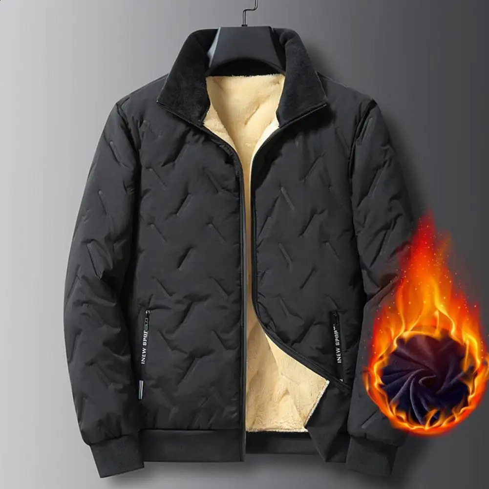 Men Parkas For Winter Lapel Embossed Lines Zipper Pockets Jacket Solid Color Plush Lining Elastic Hem Male Coat For Outdoor 250827