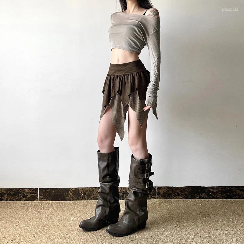 Casual Dresses Women's Mini A-Line Skirts Vintage 90s Lace Hem Asymmetrical Short Kawaii Harajuku Streetwear Elastic Mid Waist