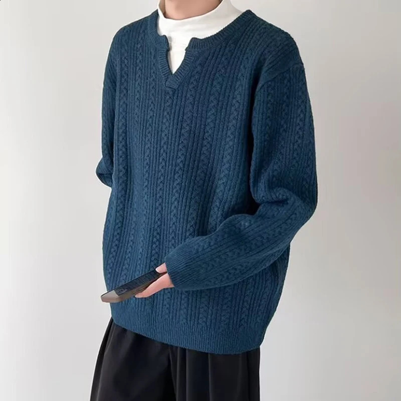 Mens Knitting Solid Color Casual Sweaters Autumn Trendy Crochet Knitted Sweater Men Vintage Long Sleeve V Neck Jumper Tops 250828BJ