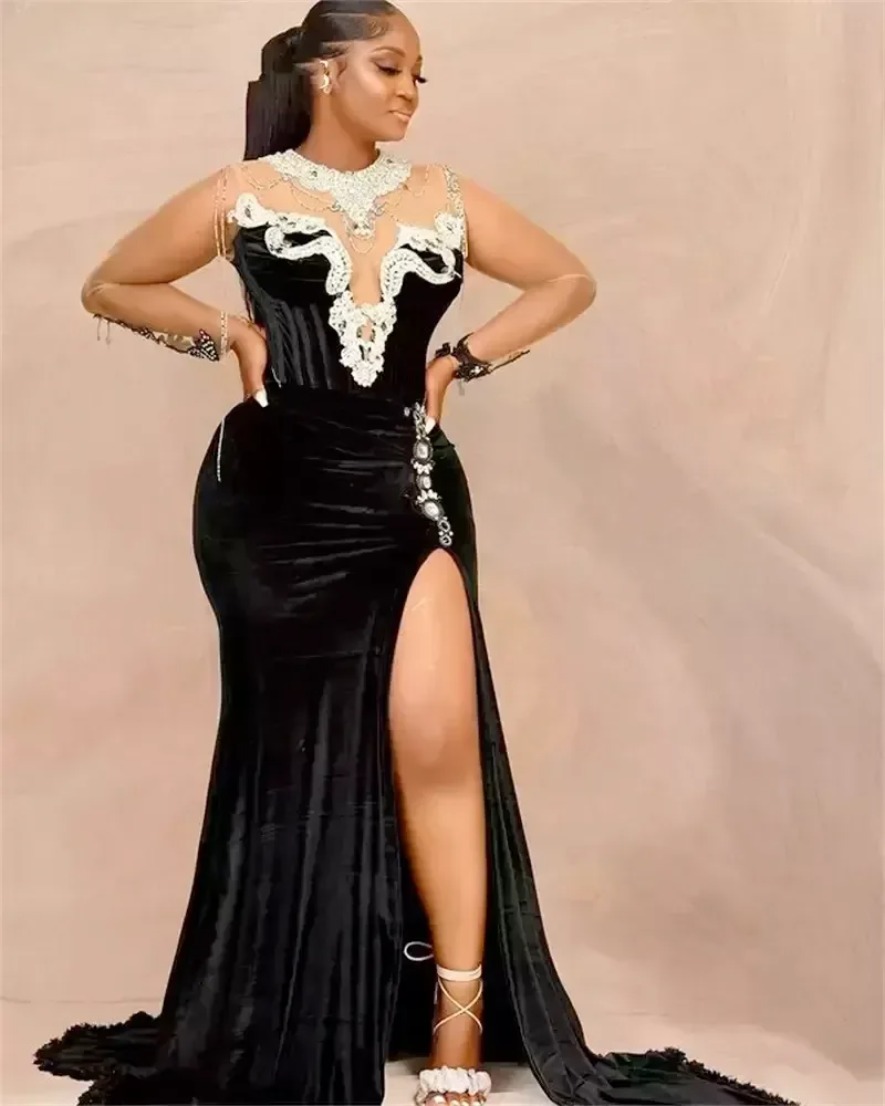 Luxury Mermaid Prom Dress Sexy Sheer Neckline High Slit Long Sleeve Crystal Decal Plus Size From Formal Evening Dress Customized