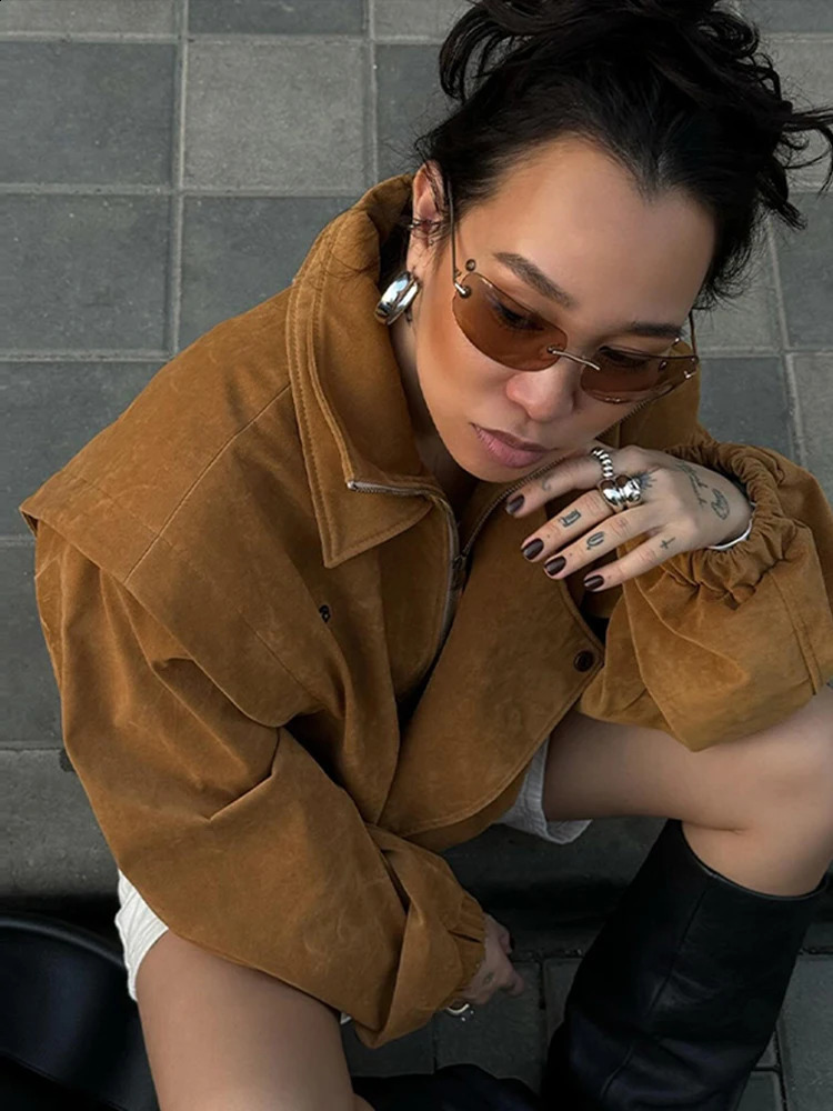 Fashion Suede Coats For Women Turndown Collar Full Sleeve Zipper Pocket Short Jackets 2025 Autumn Female High Street Outerwear 250828