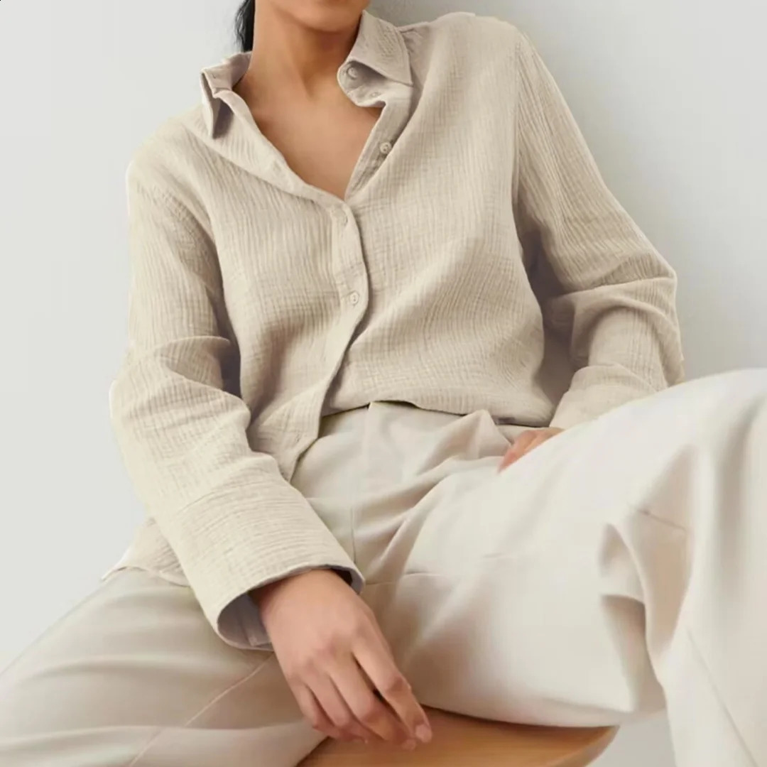 Muslin 100% Cotton Shirt Causal Soild Loose Womens Tops Button Clothing Long Sleeve Elegant Shirts And Blouses Festival Gifts 250828