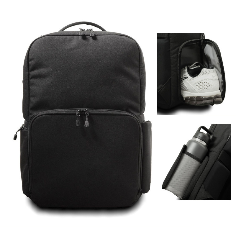 Lightweight Small Double Shoulder Unisex Sports Nylon Black Casual Travel Hiking Backpack with Separate Shoe Compartment