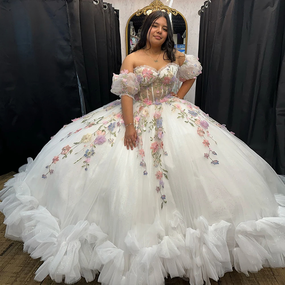 Stylish Flower Lantern 15 Quinceanera Ball Gown Layered Pleat Train Off the Shoulder Vestidos De Graduaction Customized