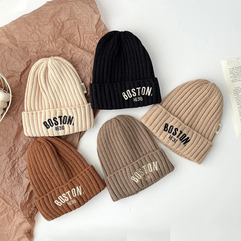 Solid Color Letter Baby Beanie Cap Winter Warm Knit Hat for Girls Boys Vintage Embroidered BOSTON Toddler Kids Crochet Bonnet250828