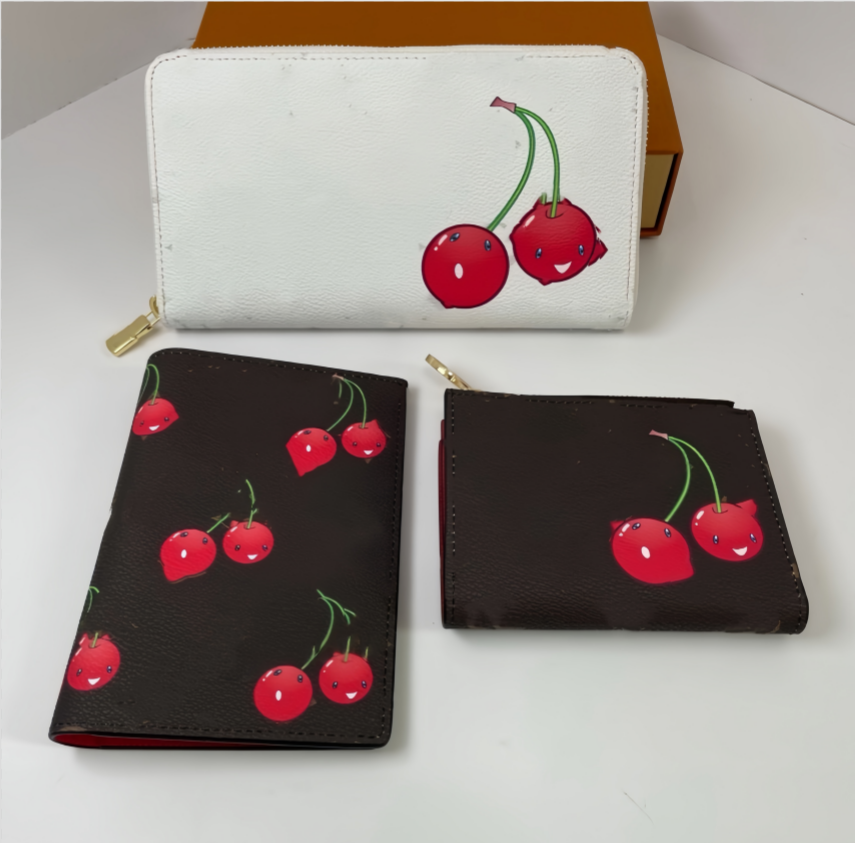 Designer Brown flower Cherry Fashion women Zipper wallet Cherry wallets Genuine Leather zipper wallets lady classical purse Denim key pouch cosmetic