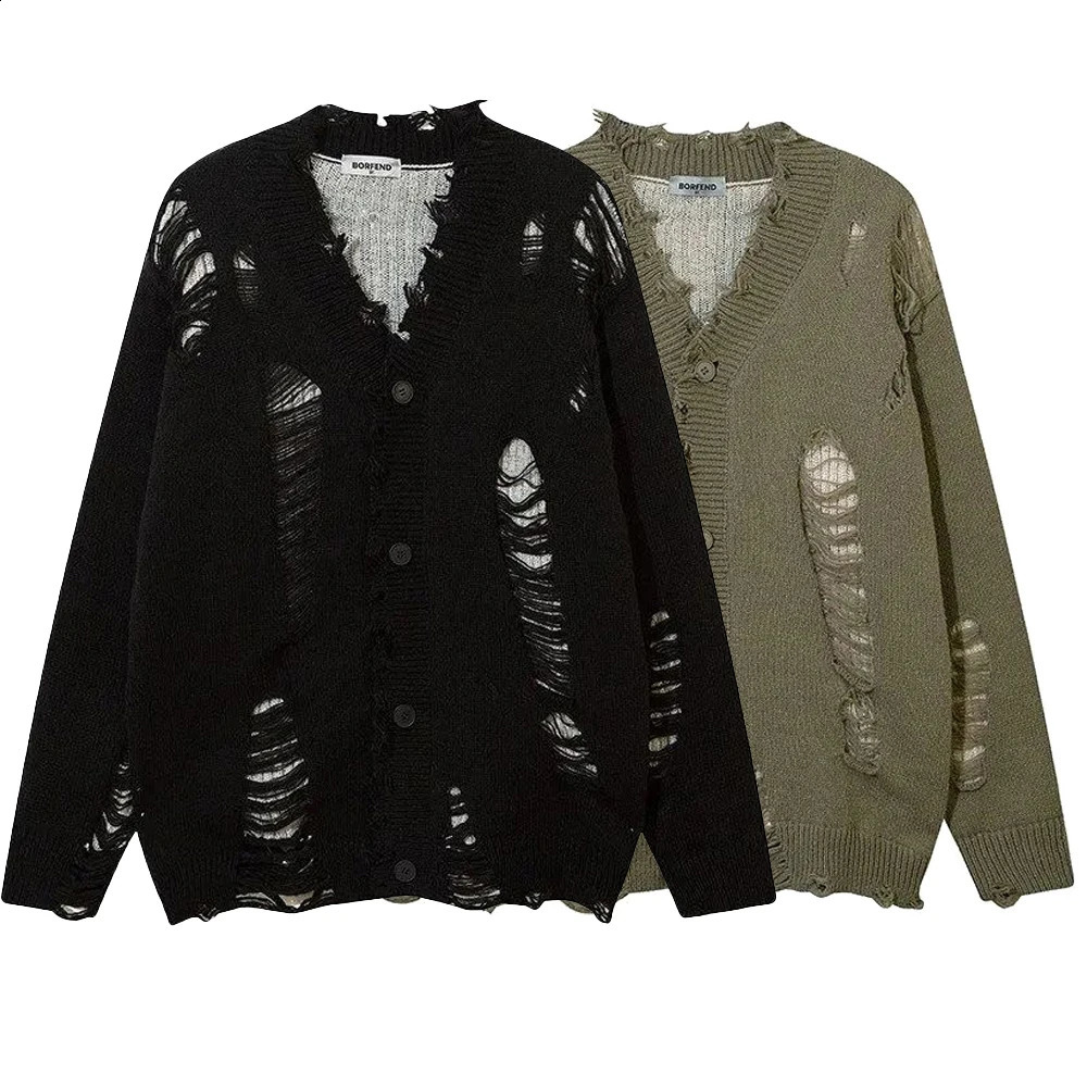 Mens Autumn Winter Ripped Sexy Cardigan Knitted Sweater Essential Hollow American High Street Loose Knitted Jacket For Couples 250828