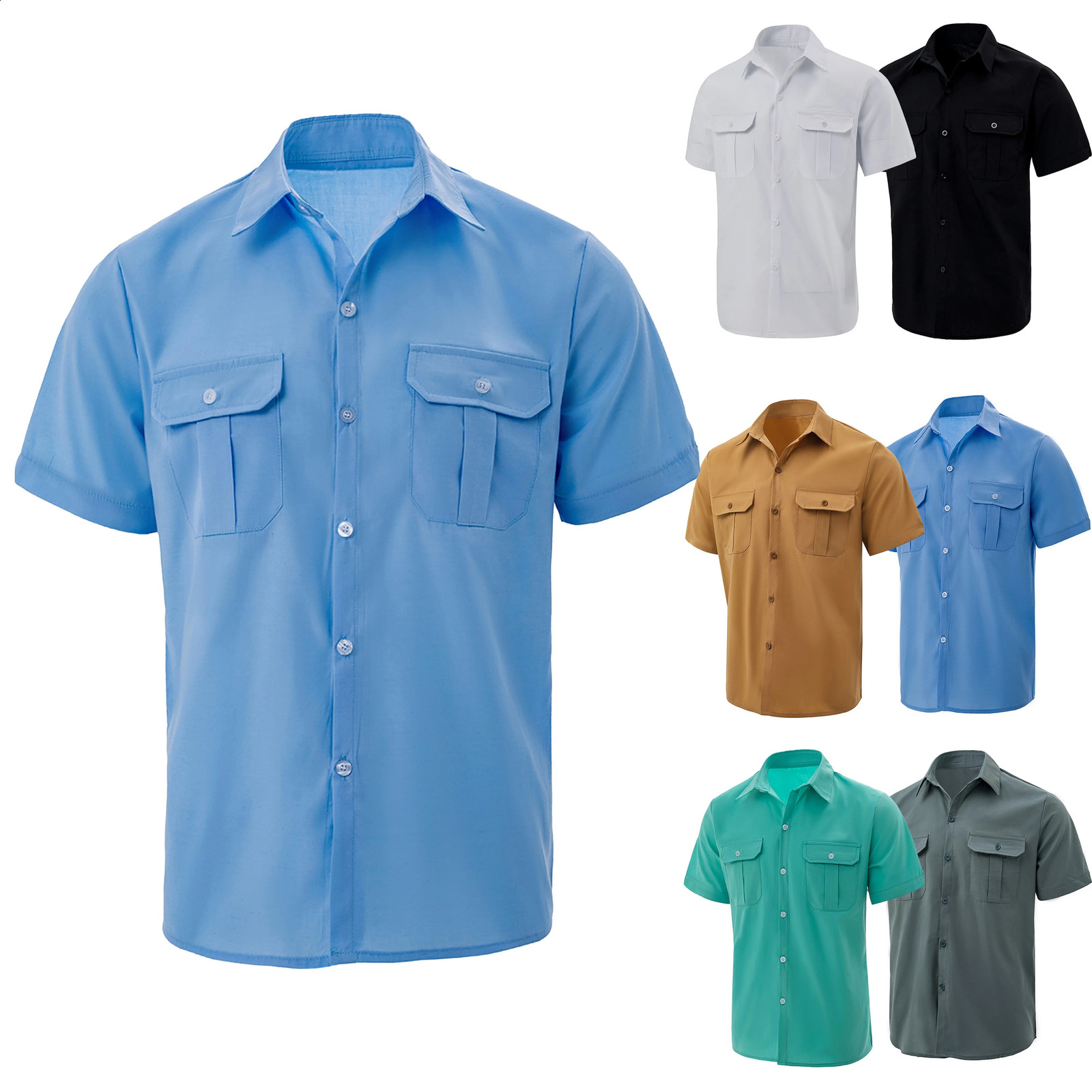 Mens Summer Lapel Solid Short Sleeve Shirt with Two Pockets Casual Button Comfort Cardigan 250828