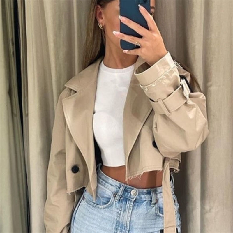 2024 Belt Cropped Trench Spring Jacket Women Vintage Streetwear Double Breasted Long Sleeve Top Female Coat y250827