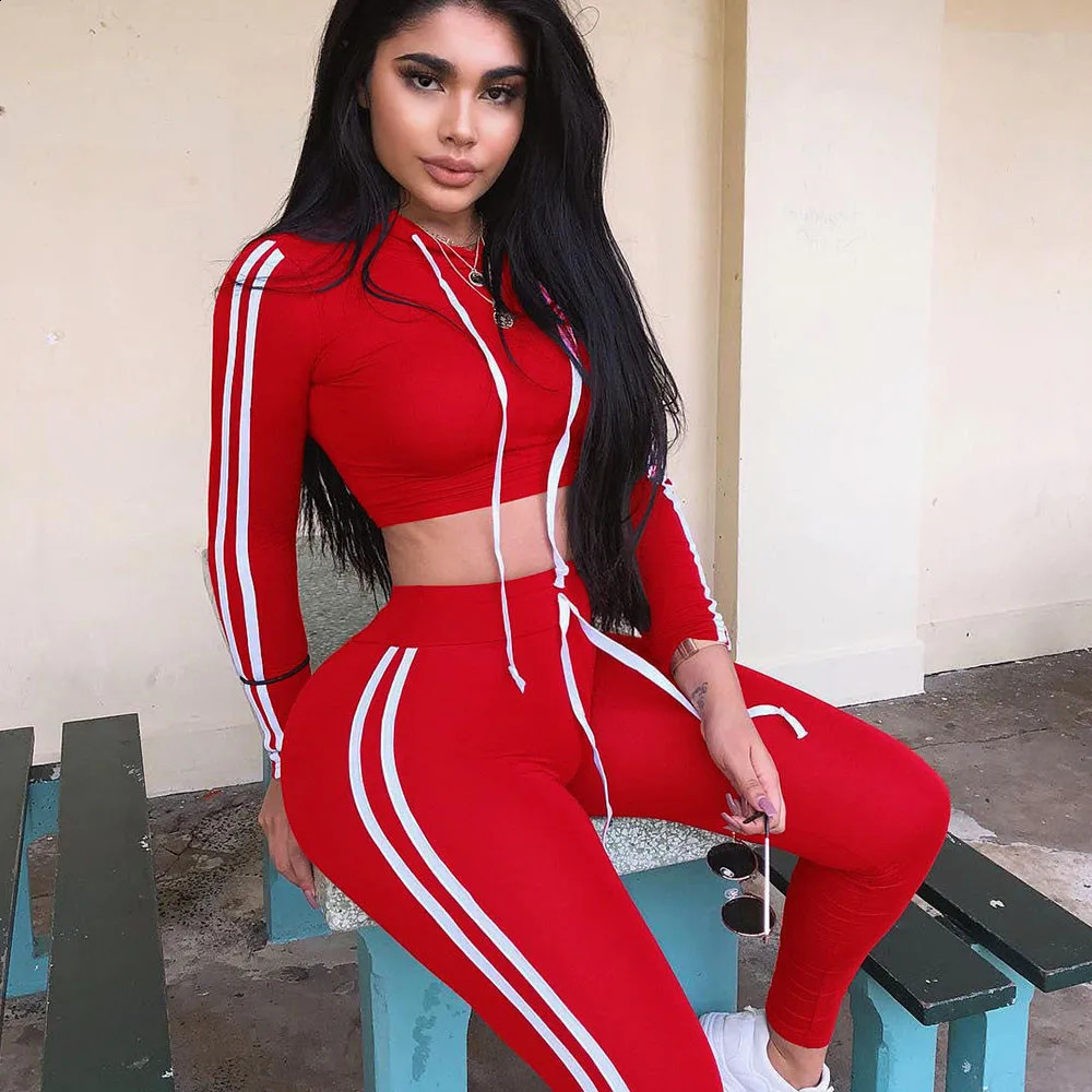 Fitness Casual 2 Piece Set Tracksuit Women Side Striped Hoodies Cropped Tops and Pants Jogger Two Piece Outfits Chandal Mujer 250827