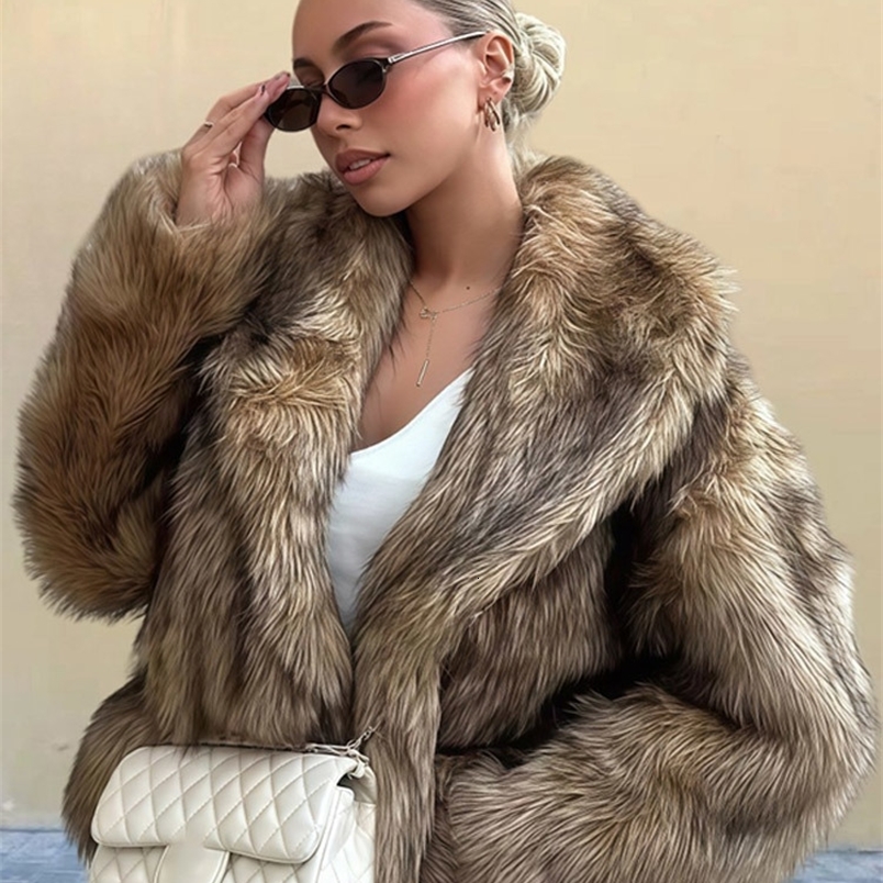 Elegant Brown Fluffy Faux Fur Thicken Jacket Chic Female Lapel Long Sleeves Short Overcoats Autumn Winter Lady Street Outerwear250827