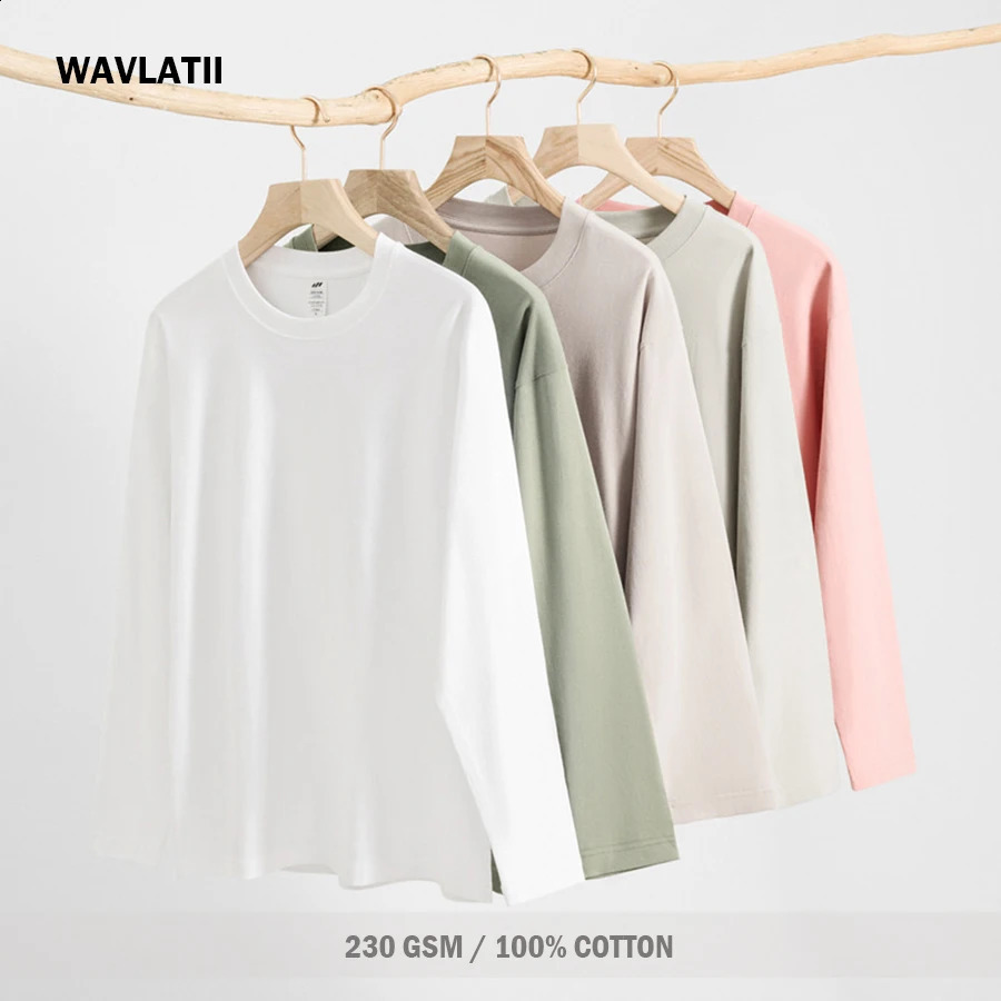 WAVLATII Women Long Sleeve T shirts Female Blue 230 GSM Casual Oversized Tess Lady Solid Basic White Black Tops WLT2470250828