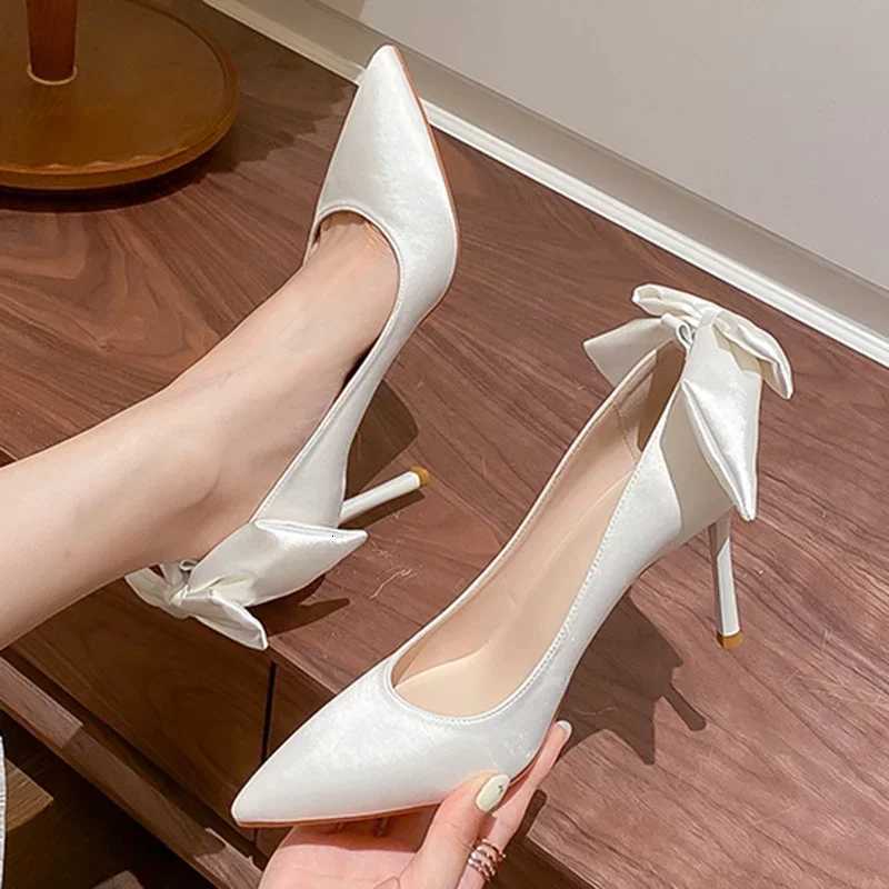 Elegant Satin Bowknot High Heels Pumps for Women Sexy Pointed Toe Stiletto Heels Red Bridal Wedding Shoes Women White Pumps W250828