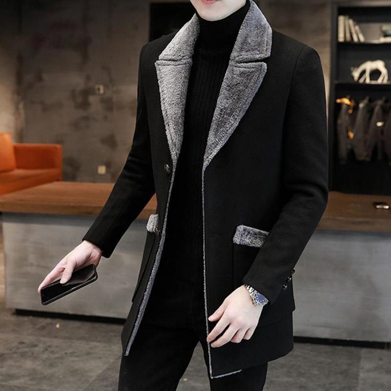 Men Business Jacket Medium Length Singlebreasted Plush Collar Overcoat Autumn Winter Woolen Coat Windbreaker Male Trench 250828