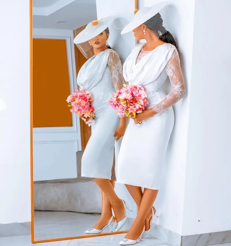 2025 Modern Sheath Short Wedding Dress Scoop Long Sleeves Lace Satin Bride Bridal Party Gowns Abito Da Sposa Boho Vestidos De Noiva