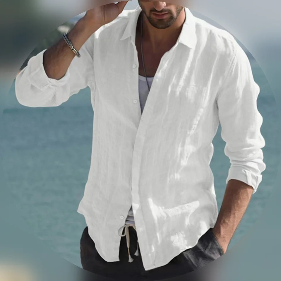 Mens retro casual longsleeved lapel singlebreasted cardigan shirt 250828