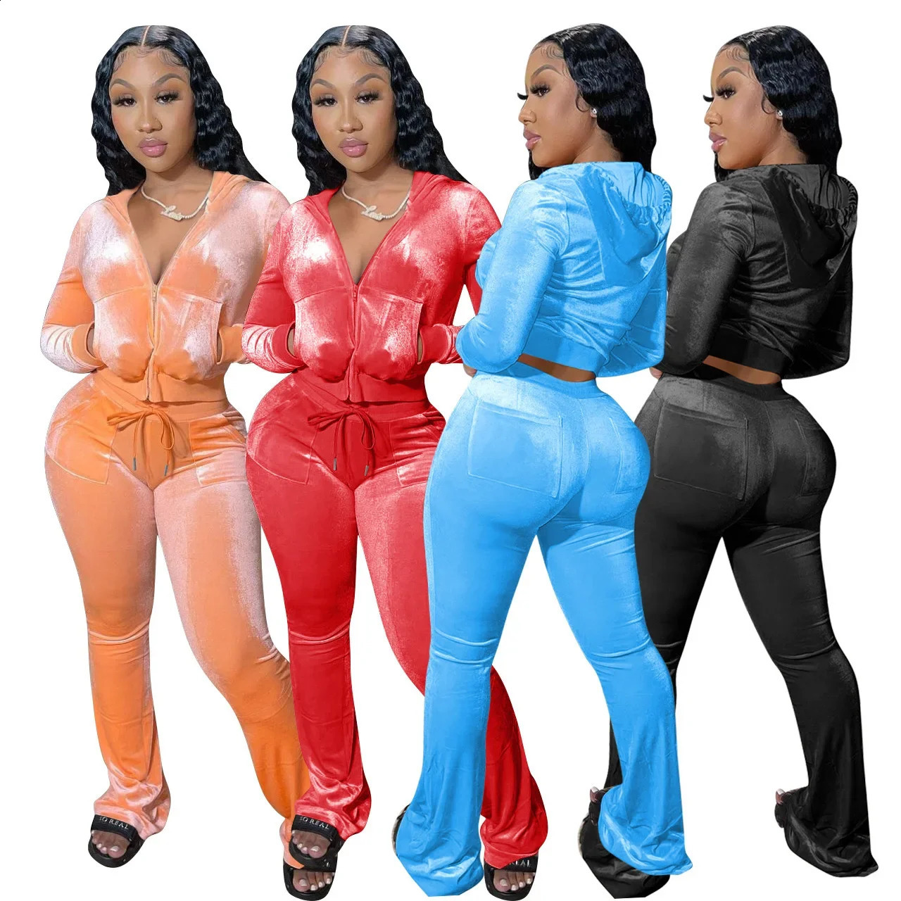 Fall Womens hoodie Set Zipper Pocket Crop Top Jacket Velvet suit Velour tracksuits Women Two Piece set 250827