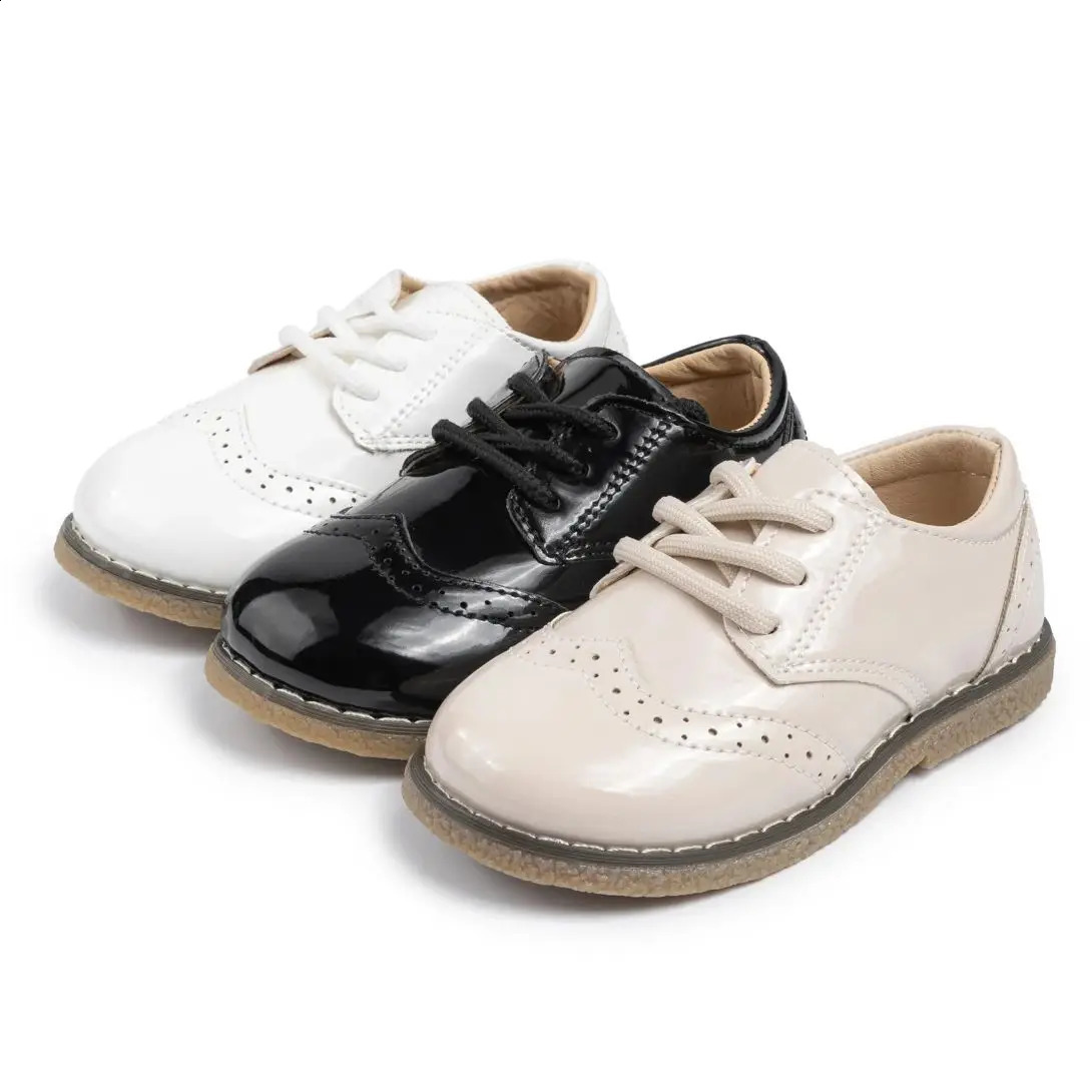 KIDSUN 2024 Kids PU Leather Lace Up Shoes Childrens Girl Princess Party Shoes Flat Rubber Sole Mirror Surface Dress Shoes250828
