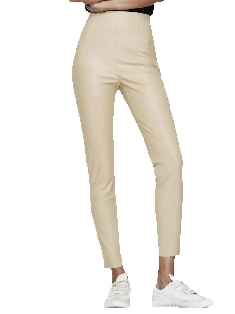 Womens Casual Retro High Waist Faux Leather Skinny Trousers Office Lady Fashion Elastic Fleece Beige PU Slim Fit Pencil Pants 250828