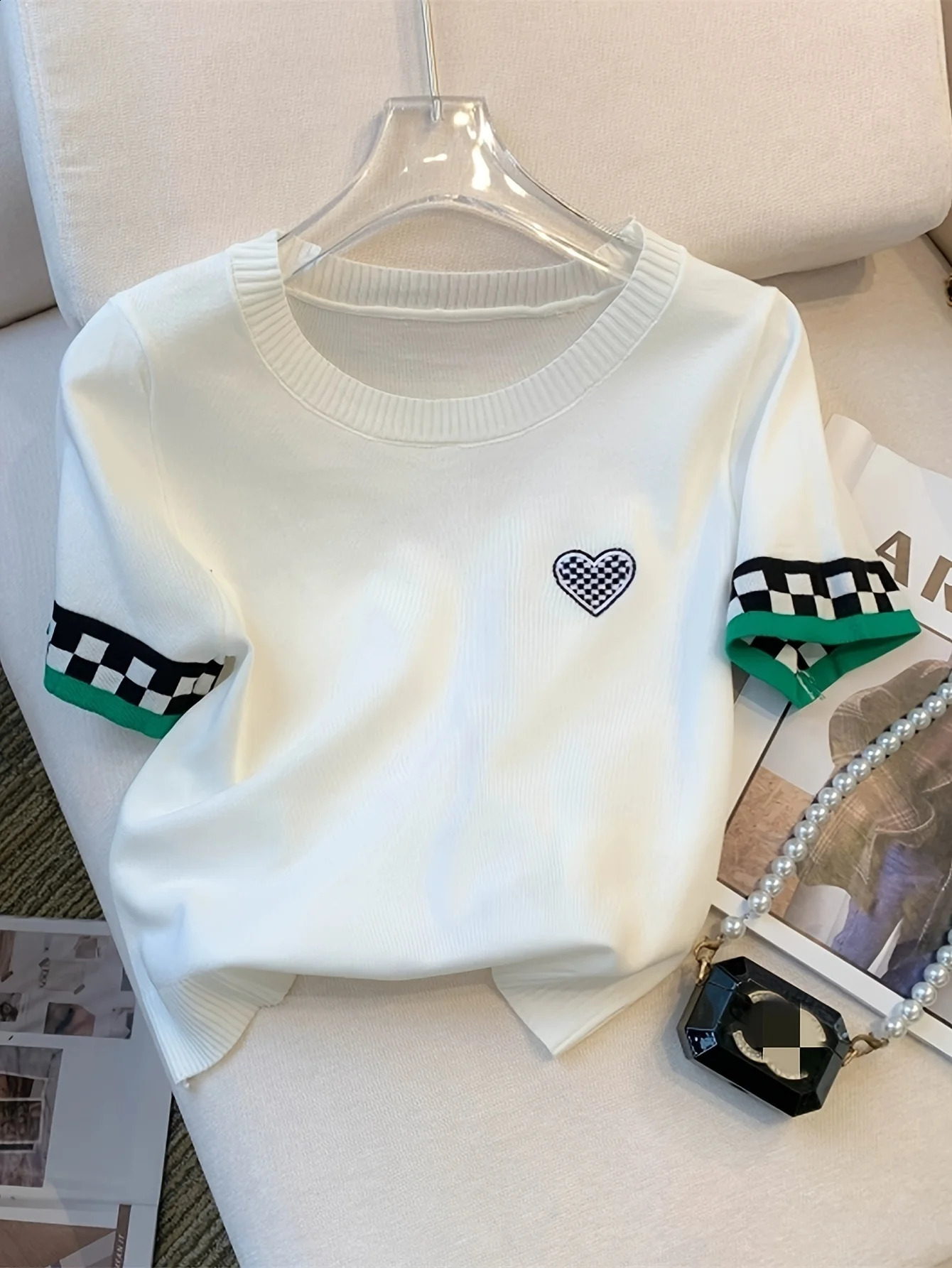 Summer Heart Pattern Ribbed Pullover Sweater Casual Contrast Trim Crew Neck Short Sleeve Womens Clothing Crop Top 250815