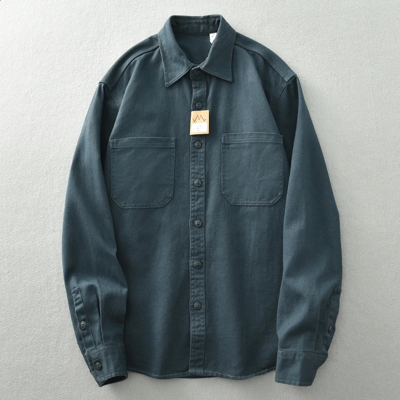Vintage washed May khaki shirt mens long sleeve base lapel cotton loose casual cargo 250828