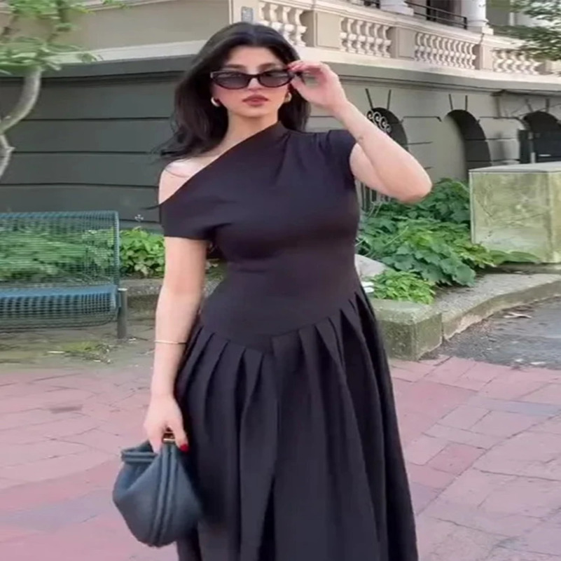 Summer Lady Patchwork Pleated Maxi Dress Chic Elegant Black Halfturtleneck Short Sleeve High Waist Dresses Office Street Robes 250827