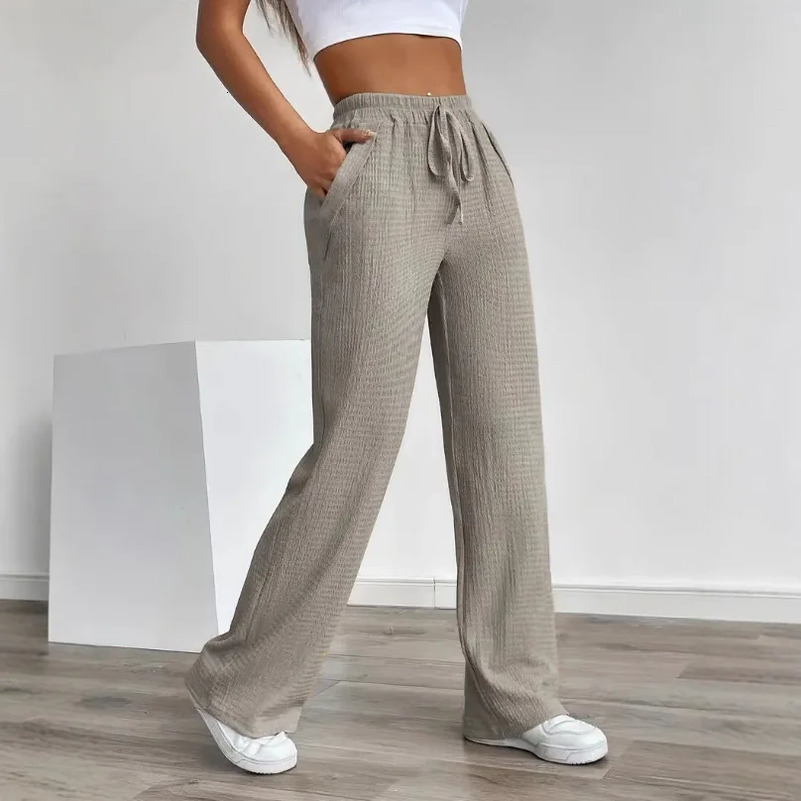 Spring and Autumn Womens Long Pants Plain Color Pattern Loose Elastic MidWaist Pocket Casual 250828