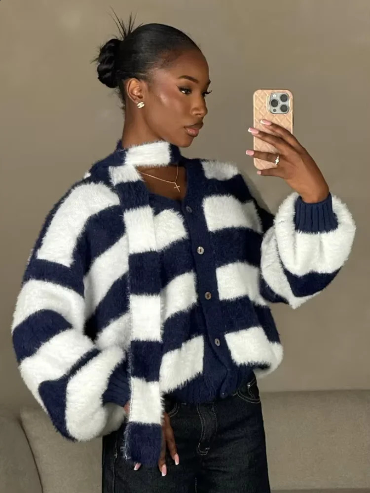 Knitted Striped Womens Cardigan Vneck Drop Shoulder Single Breasted Long Sleeve Fluffy Sweater Casual Loose Autumn Sweaters 250827