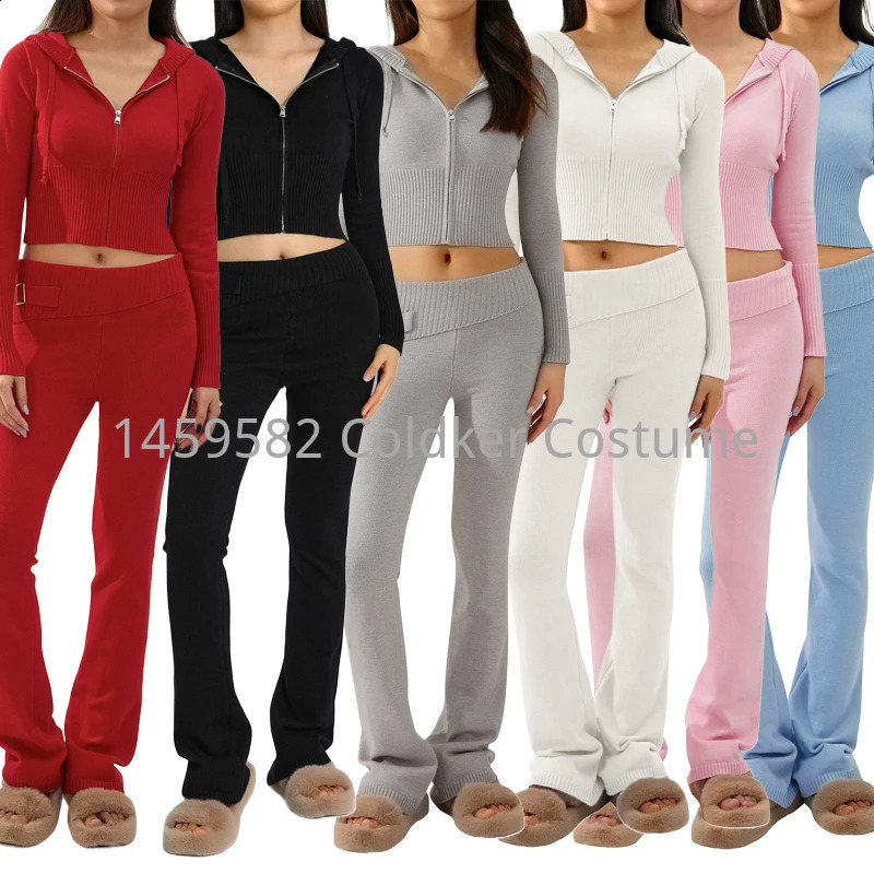 Women Ribbed Knit Lounge Set Long Sleeve Zip Up Hoodie with High Waist Wide Leg Pant 2 Piece Lounge wear Tracksuit Casual Set 250827
