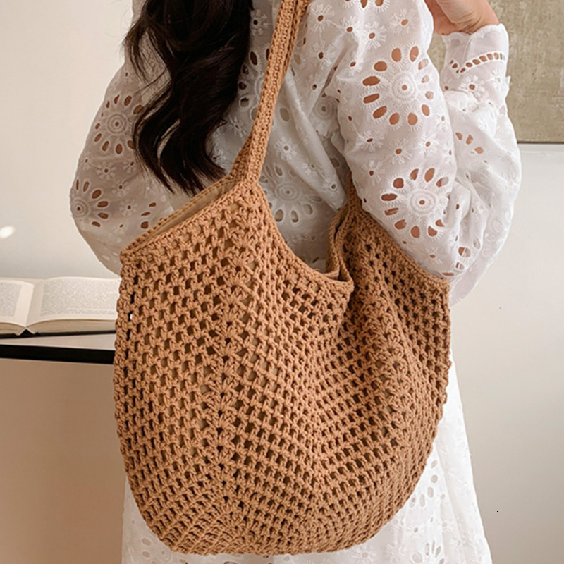 Cotton Rope Woven for Women, Summer New Large Capacity Hollow Beach Bag, Casual Style Shoulder Tote Bag
