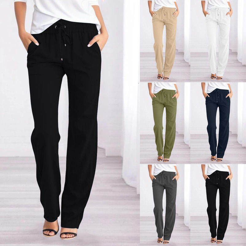 Womens Casual Loose Pants Drawstring Straight Leg Pure Color Long Trousers Vintage Style Slimming Effect 250828