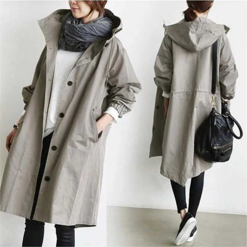 New Korean Version Y2K Trench Coats Women Casual Style Solid Loose Long Hooded Coat 2024 Spring Autumn Elegant Outerwear Female Z250828