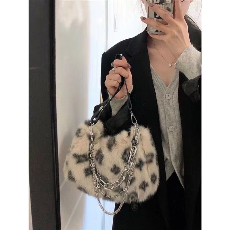 Autumn Winter New Leopard Print Furry Chain Baguette Versatile Plush Soft Shoulder Plaid Crossbody Small Bag