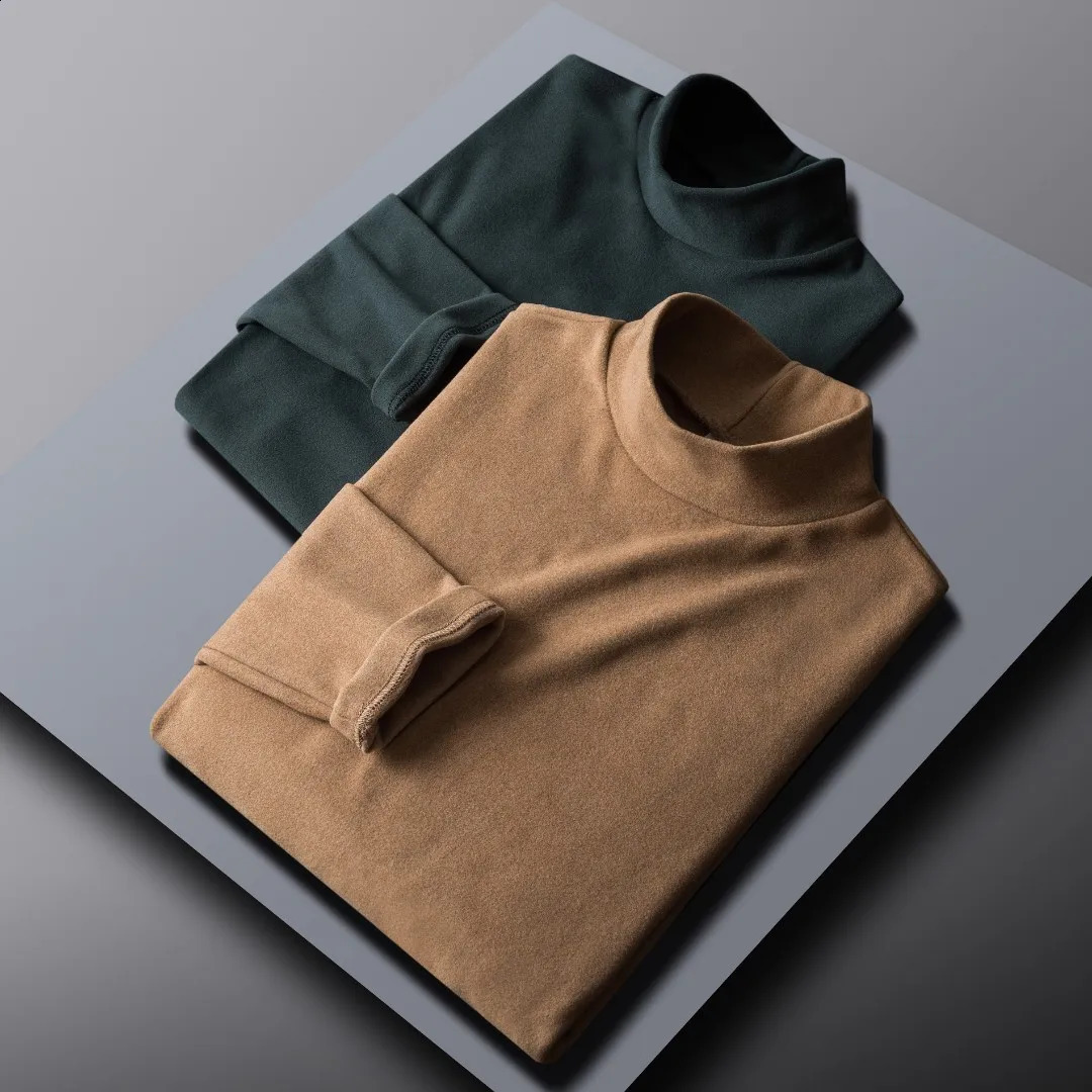 Mens semi high neck top slim fit elastic long sleeved Tshirt solid color versatile base shirt warm and comfortable top 250827