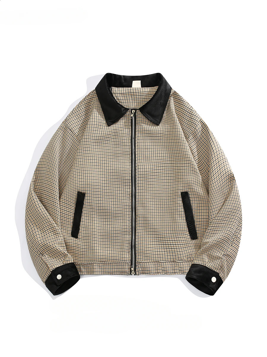 Mens Retro Contrast Houndstooth Double Zipper Jackets Trendy Street Spliced Lapel Longsleeved Casual Loose Bomber Coats 250827