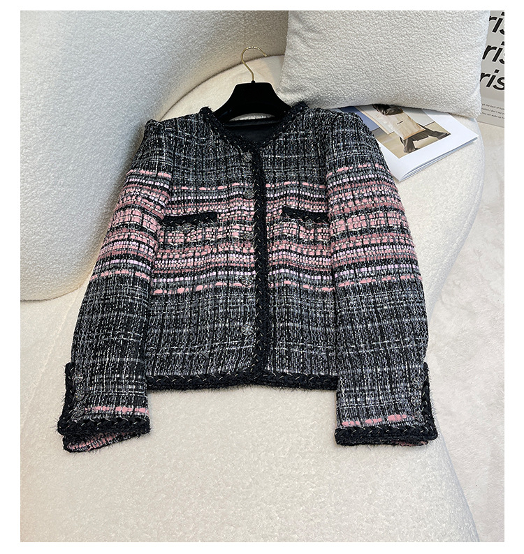 2025 Autumn Black Plaid Panelled Weave Tweed Jacket Long Sleeve Round Neck Buttons Classic Jackets Coat Short Outwear A5G276539