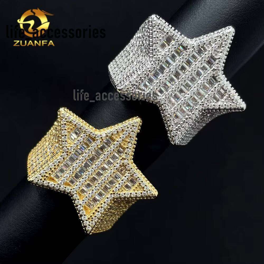 Premium Jewelry Hip-Hop Style Tester-Passed Iced Out Mens Pure Silver Moissanite Baguette Celebrity Ring