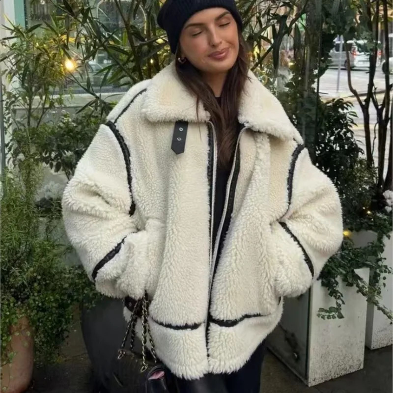 2024 Womens Chic Casual Thickened Warm Jacket Fashion Contrast Color Stitching Zipper Lapel Lamb Wool Jacket Womens Chic Coat250827
