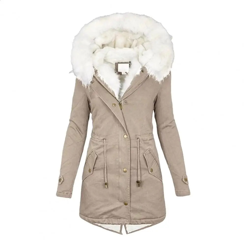 Thicken Women Winter Cotton Coat Faux Fur Hood Fleece Zipup Button Jacket Windproof Mid Length Slim Outerwear250827