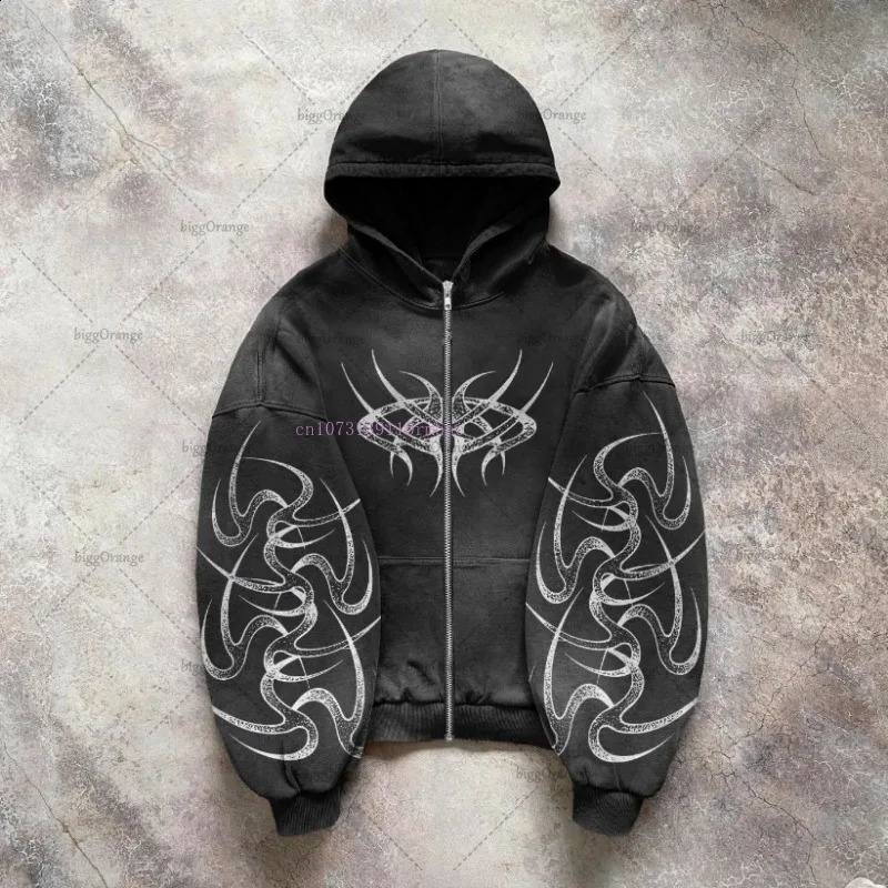 Harajuku Gothic Graphic Zipper Hoodie Y2K Retro Streetwear Men High Street Hip Hop Punk Casual Vintage Oversized Sweatshirt250828
