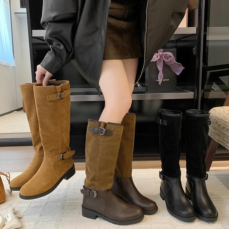Womens Women Wetern Cowboy Boots Retro Chunky Heel Platform Belt Buckle Metal Decoration Knight Boots 250821