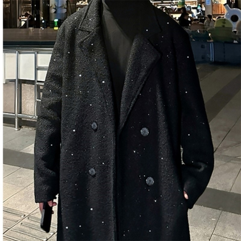 Shiny thick trench coat chic sequin autumn winter mens warm woolen casual double breasted long overknee 250828