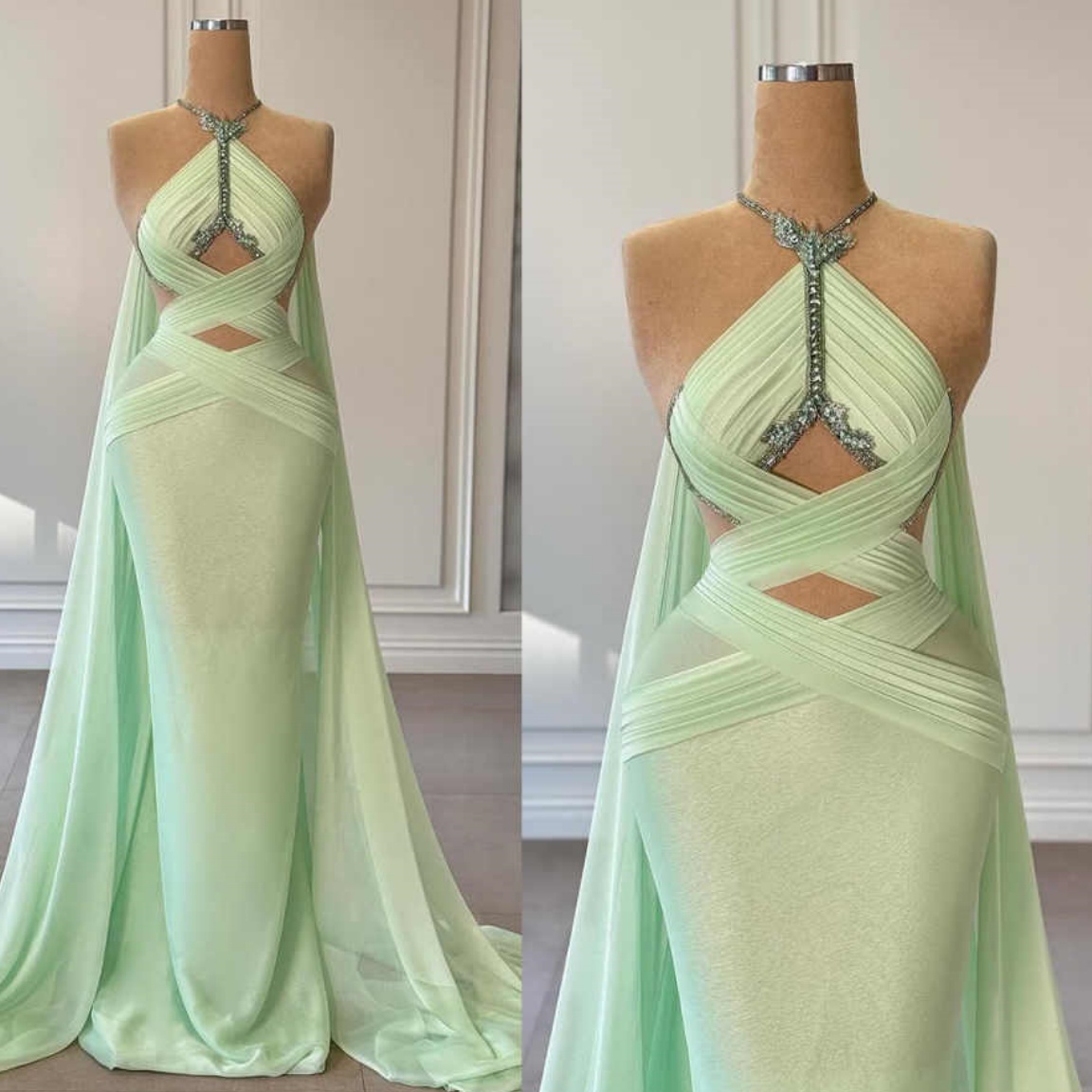 Glamorous High Neck Evening Prom Gowns for Women Slit Ruched Mermaid Rhinestones Sharon Dress Vestido De Noche Customized Vestido De Noite