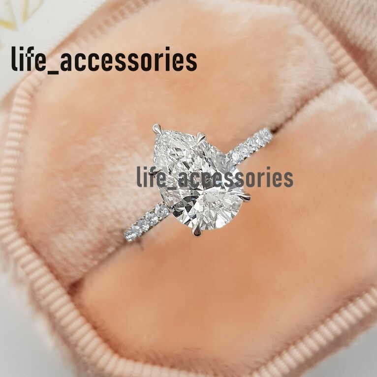 925 Sterling Silver Jewelry 1Ct Pear Hidden Halo Ring Moissanite Wedding Ring
