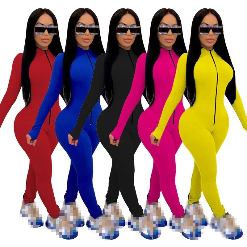Sexy Solid Color Long Sleeve Deep V Bodycon Rompers Womens Jumpsuit Sport Suit Fashion Zip Up Long Pants Overalls Fitness Set 250827
