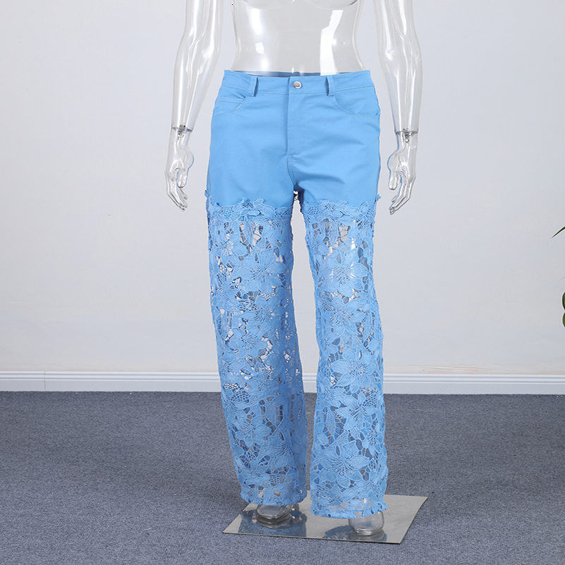 Urban Crochet Denim Women Pants Elegan Hollow Out Zippers Pocket Button Female Trousers Summer Fashion Lady Streetwear 250828